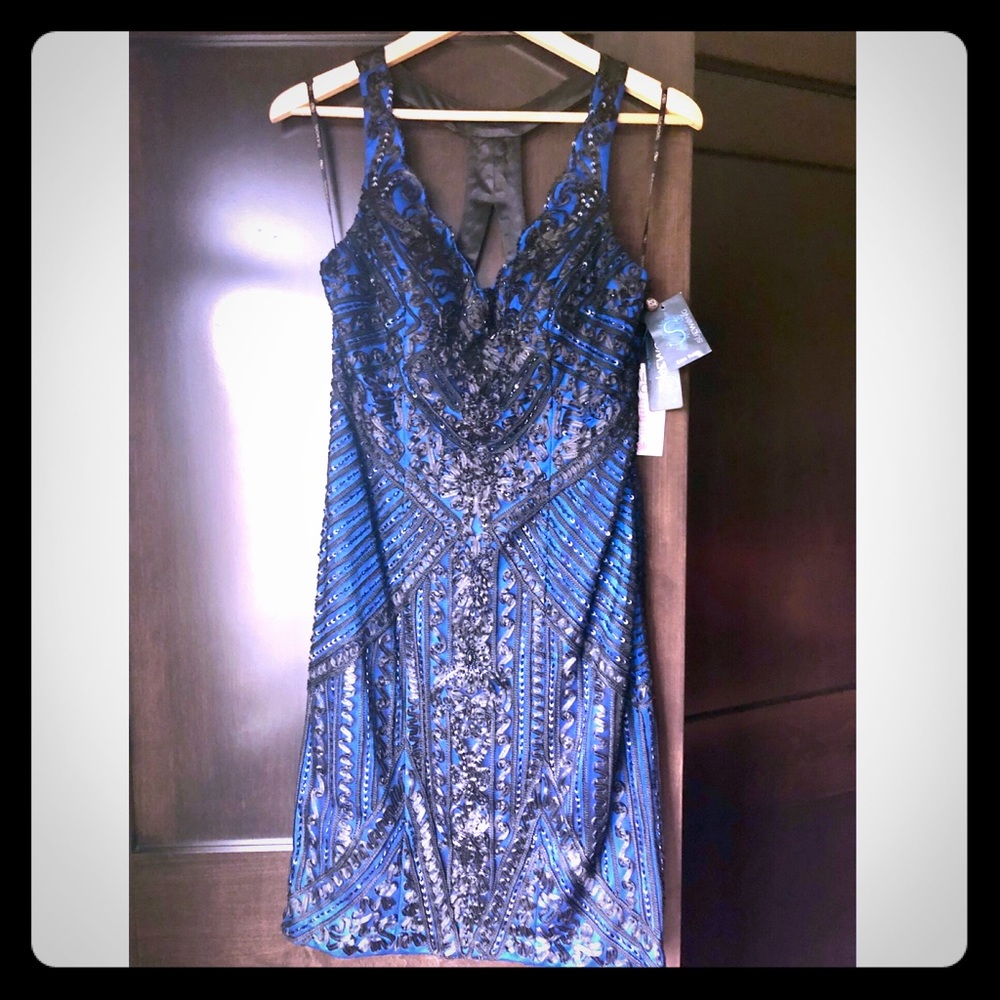 Sue Wong beaded open back cocktail dress blue